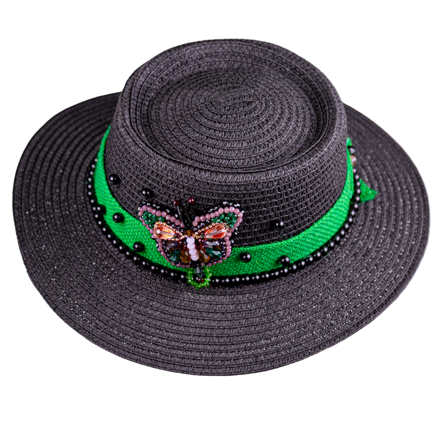 Black Straw Canotier Hat with Bead Ribbon