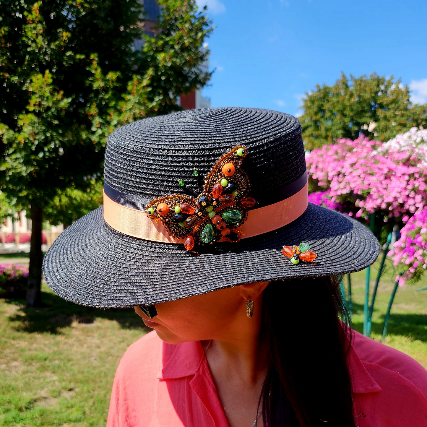 Black Straw Canotier Hat with Silk Trim