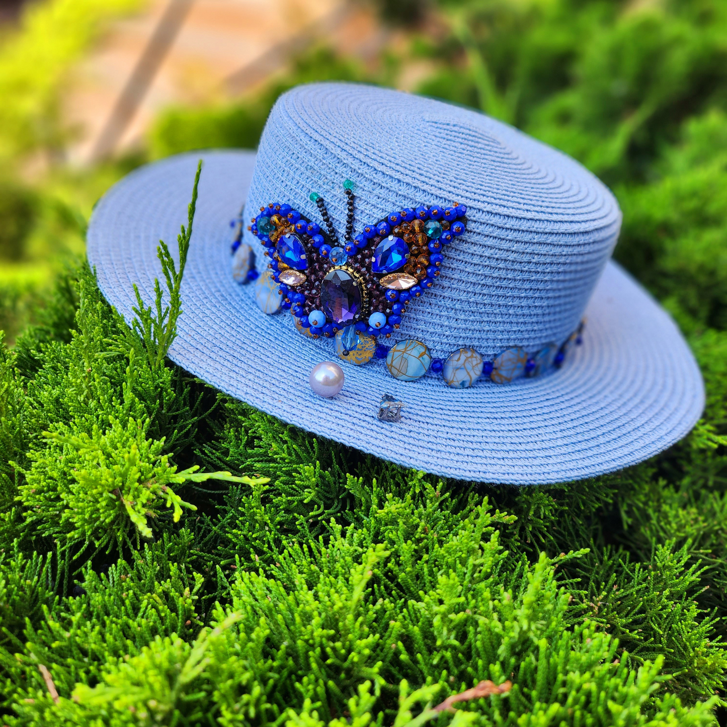 Blue Straw Canotier Hat with Pearl Trim