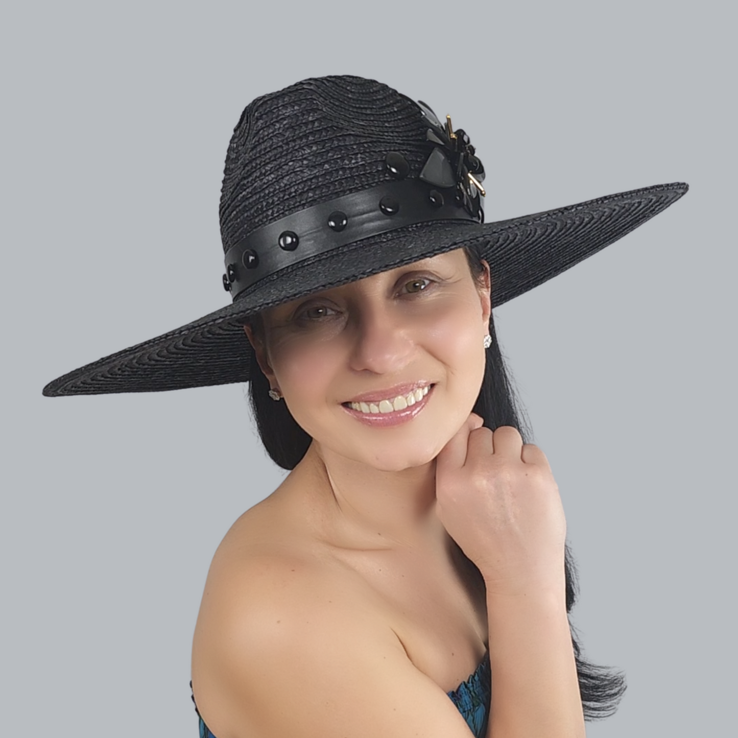 Black Straw Fedora Hat with Pearl Accent close-up