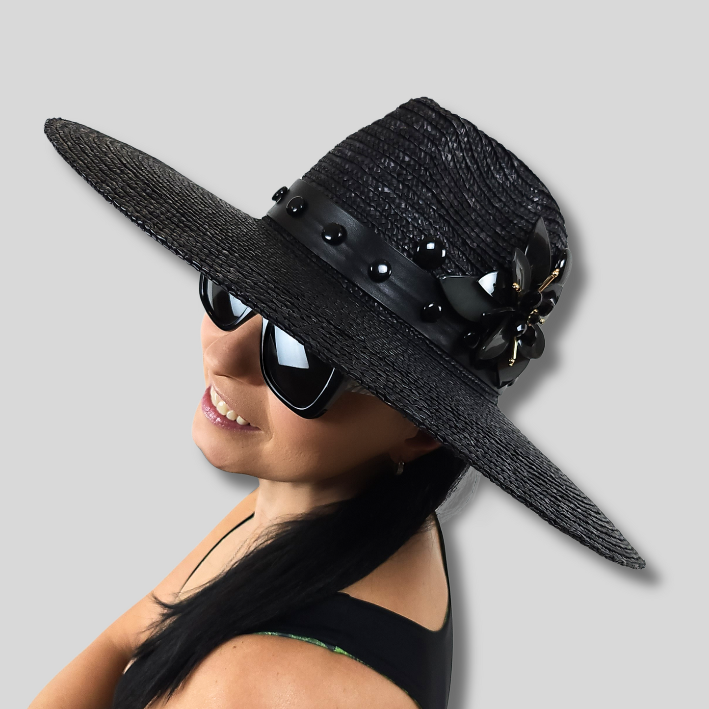 Black Straw Fedora Hat with Pearl Accent close-up side view