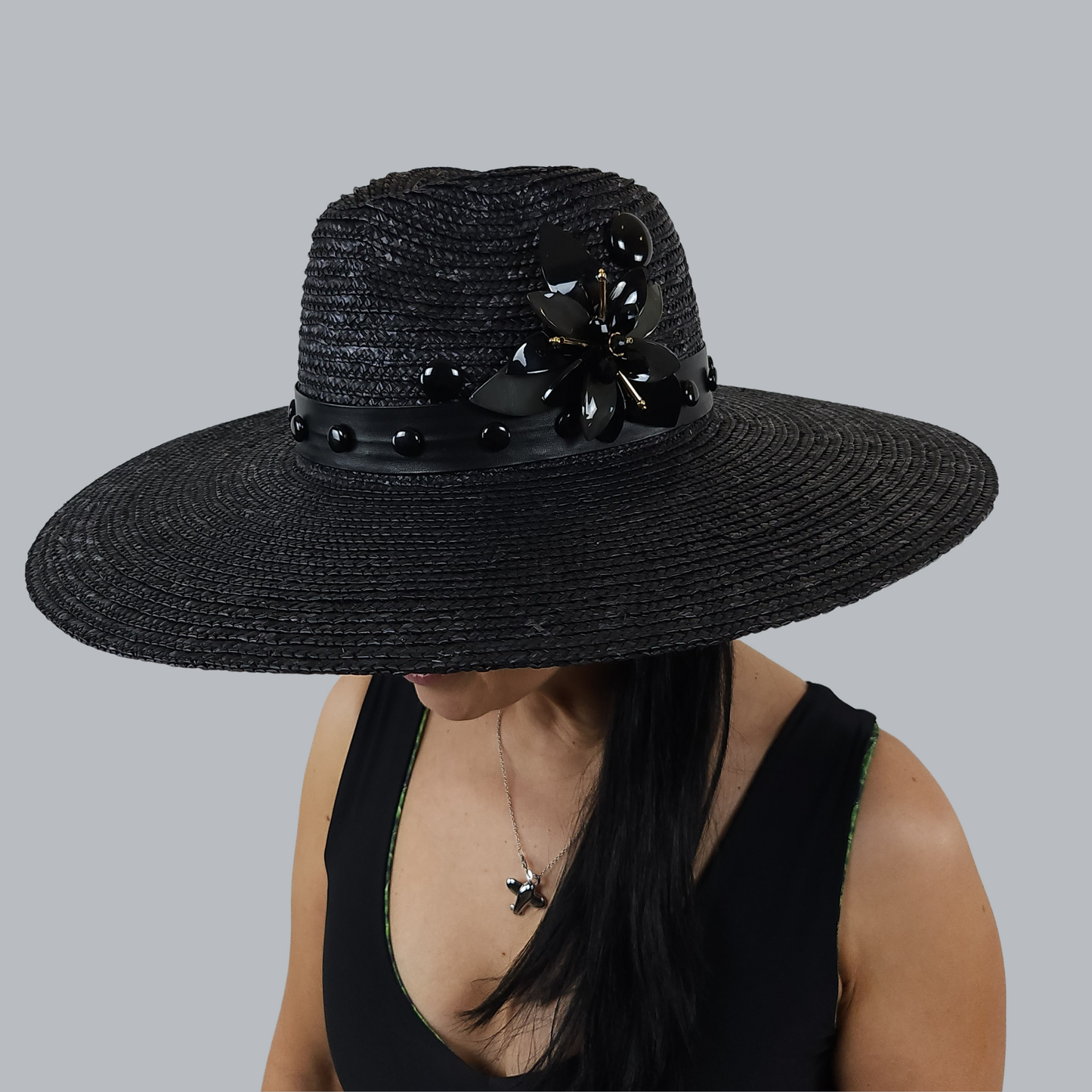 Black Straw Fedora Hat with Pearl Accent close side view from above