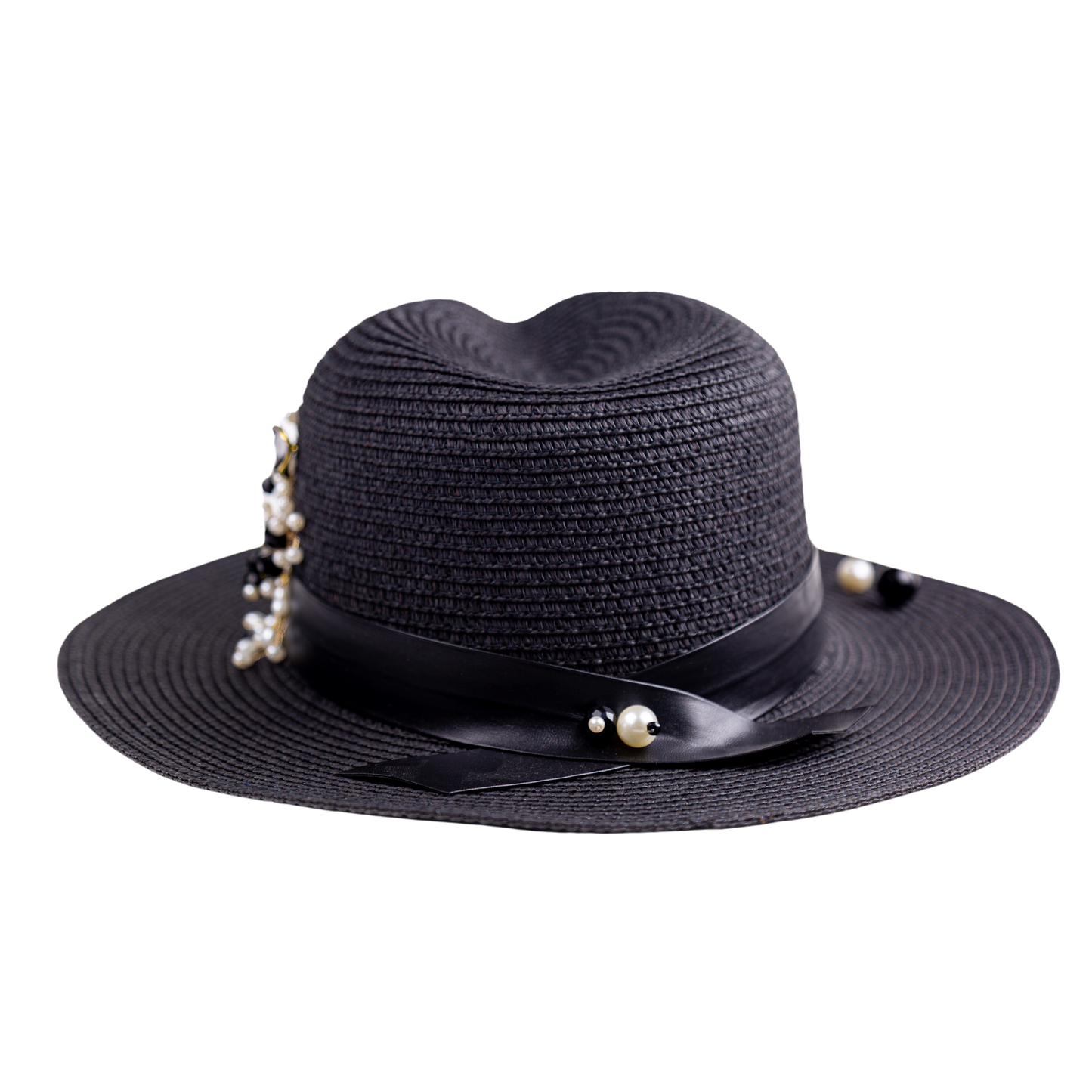 Black Straw Fedora Hat with Pearl Brooch-close-up photo of the hat, background