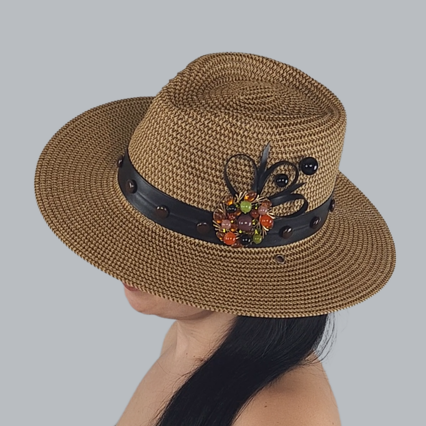 Stylish Brown Straw Fedora Hat brooch approximation