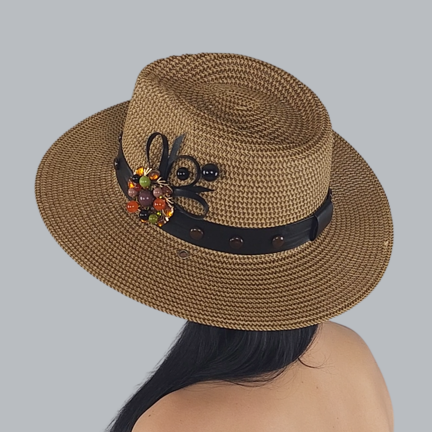 Stylish Brown Straw Fedora Hat side view from the back