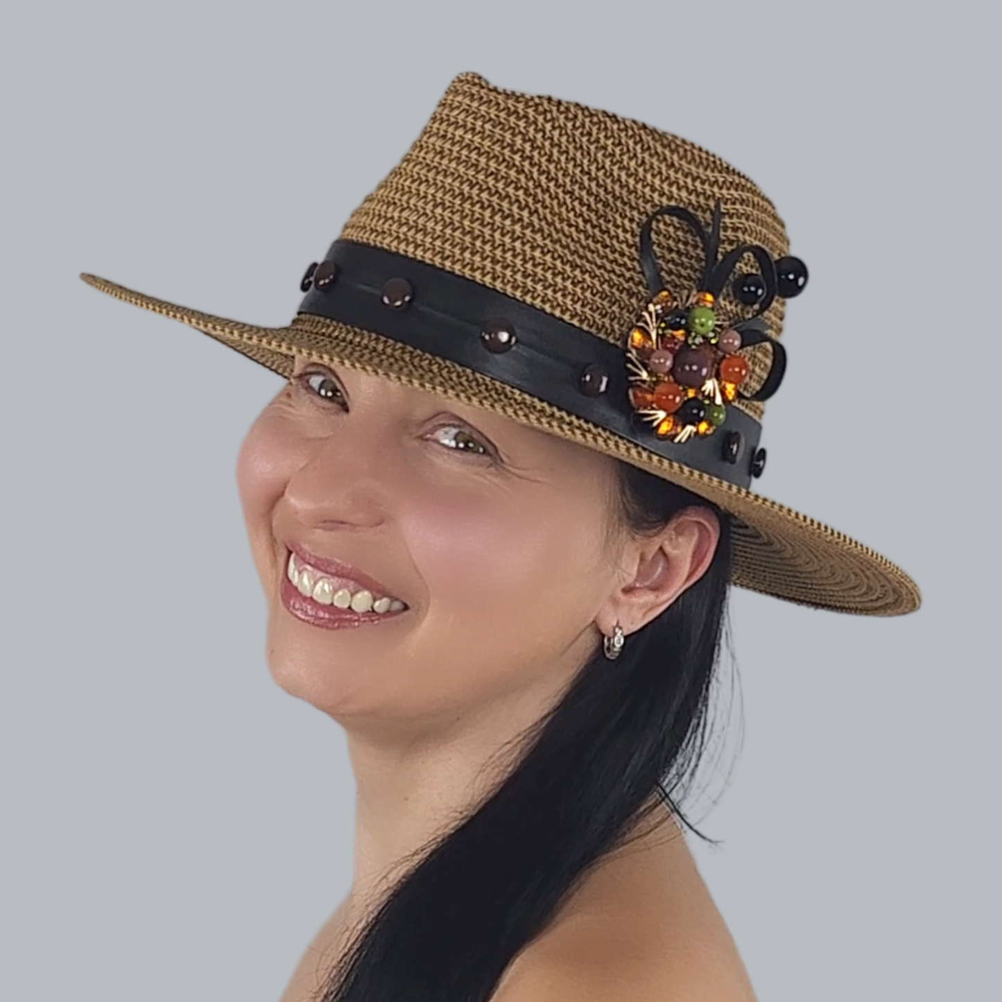 Stylish Brown Straw Fedora Hat close-up view