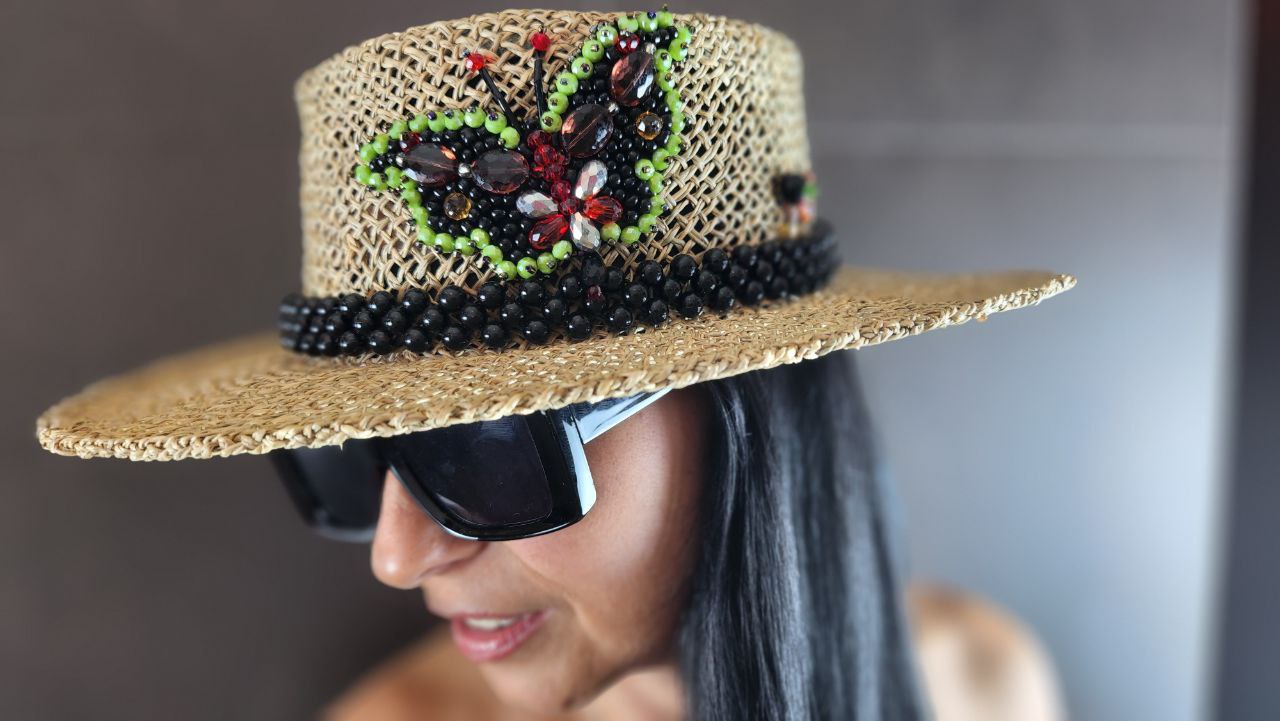 Brown Straw Canotier Hat with Beads