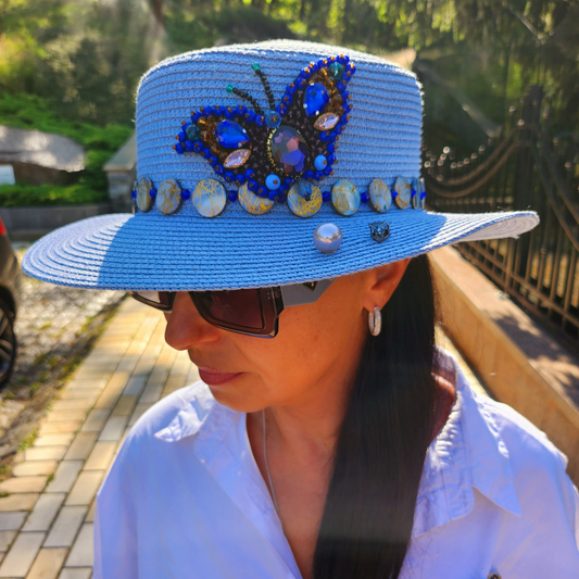 Blue Straw Hat Handmade Canatier Collection Butterfly in a single copy