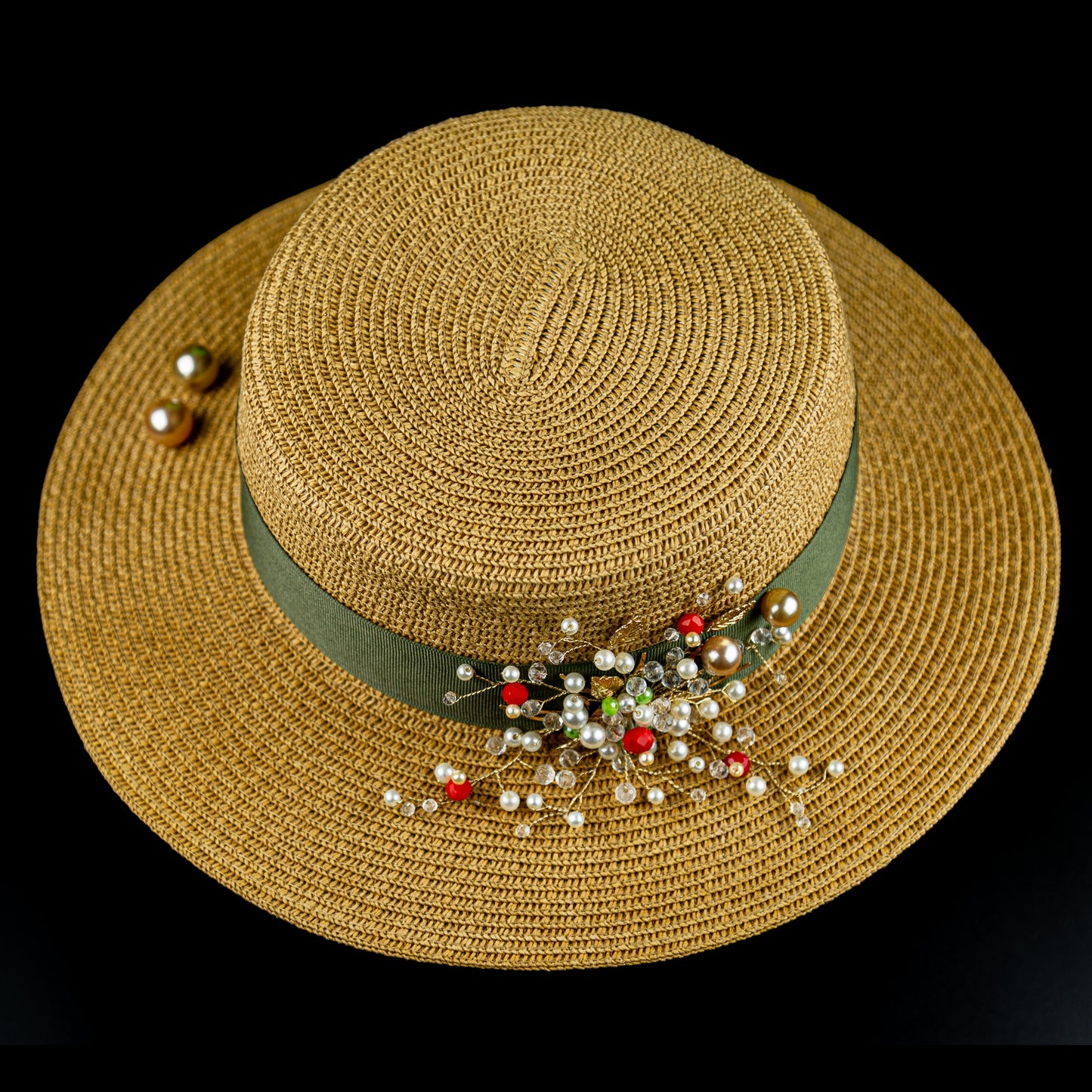 Khaki Straw Hat Handmade Canatier Collection Flowers in a single copy