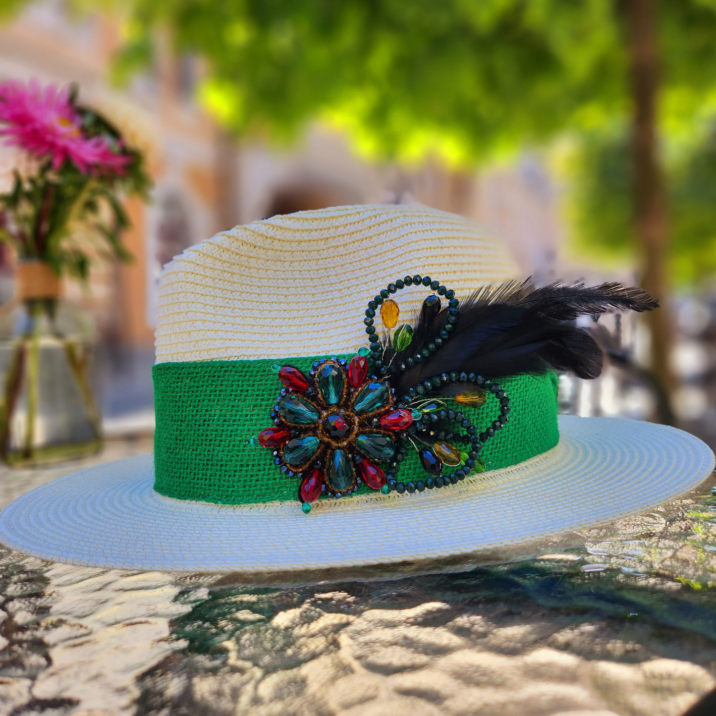 White Straw Hat Handmade Fedora Collection Flowers in a single copy