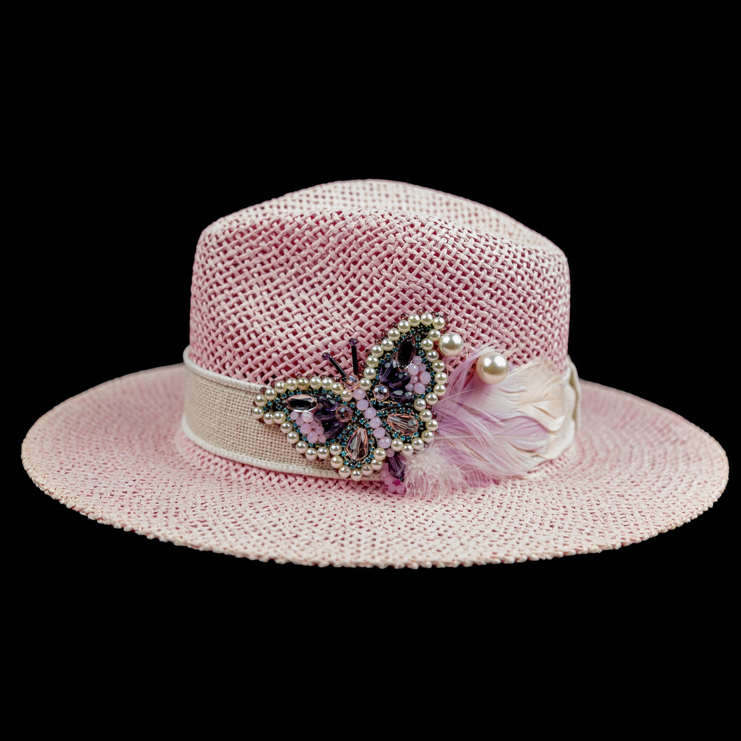 Рожевий Солом'яний Капелюшок Handmade Fedora Collection Butterfly в єдиному екземплярі