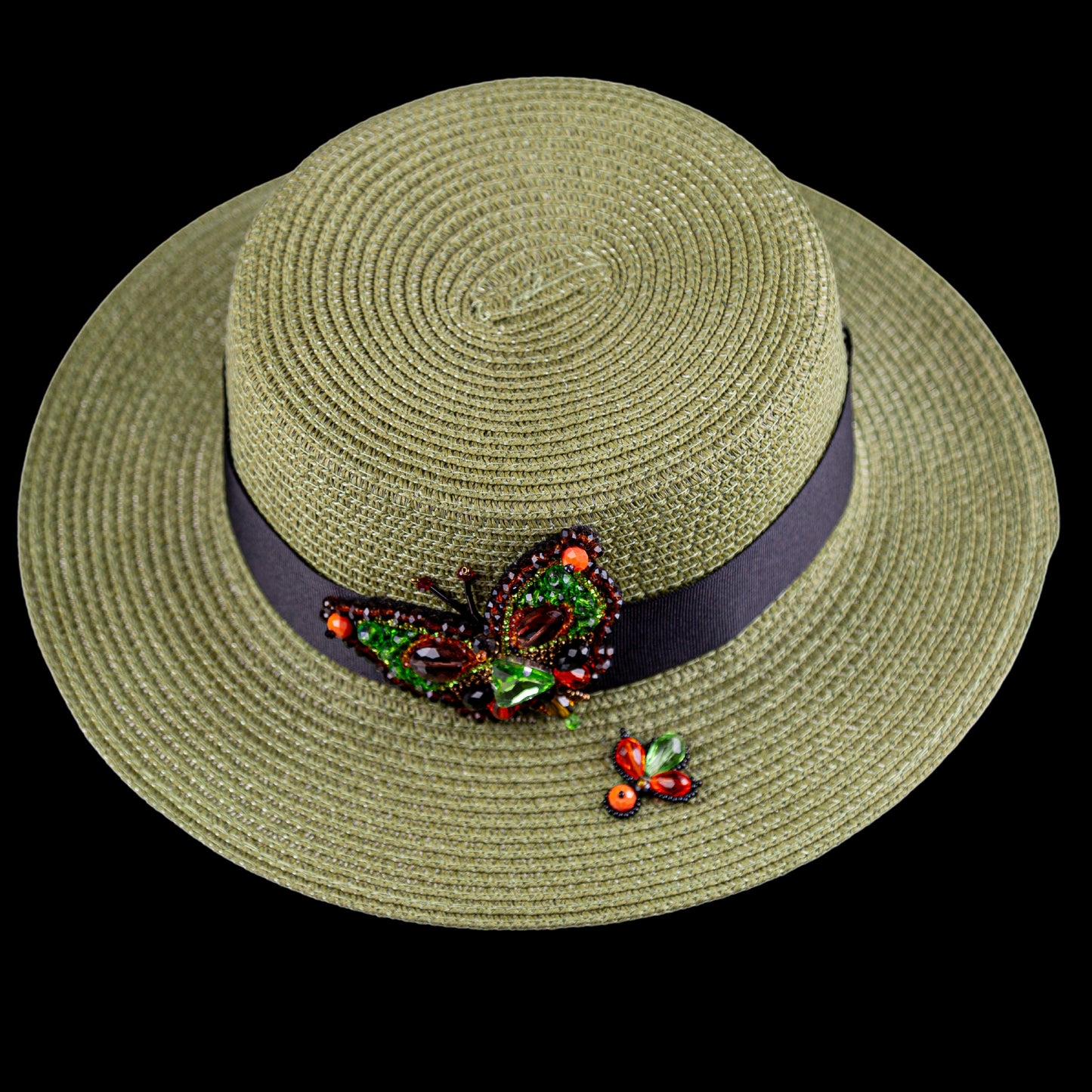 Green Straw Hat Handmade Canatier Collection Forwards in a single copy