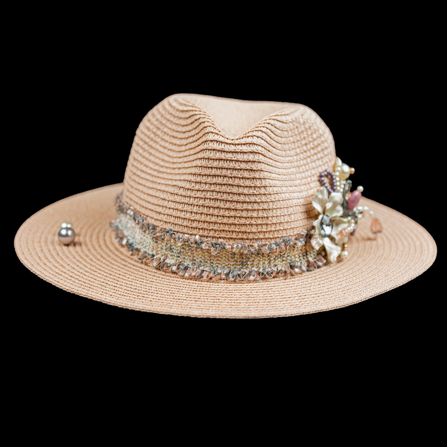 Pink Straw Fedora Hat Handmade Collection Flowers in a single copy