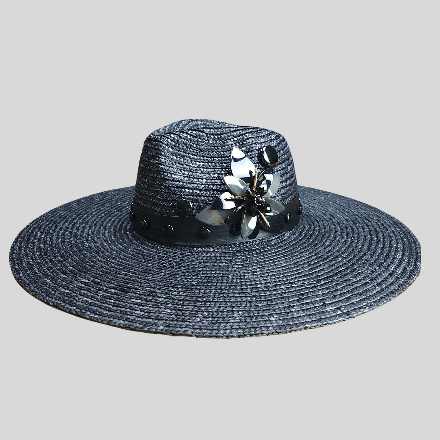 Luxurious Black Straw Fedora with Mother-of-Pearl Accent