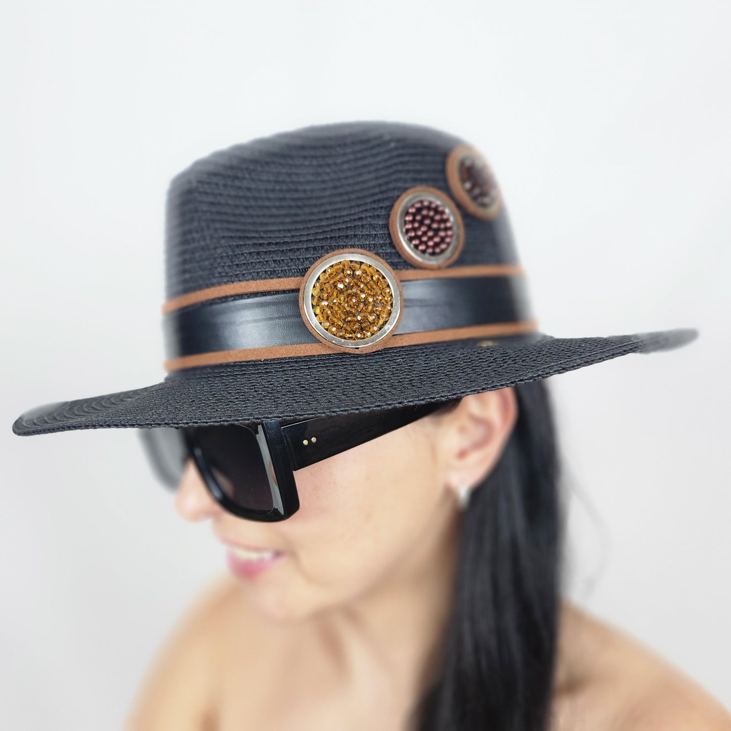 Black Straw Fedora Hat Handmade and Ring Decor Combination