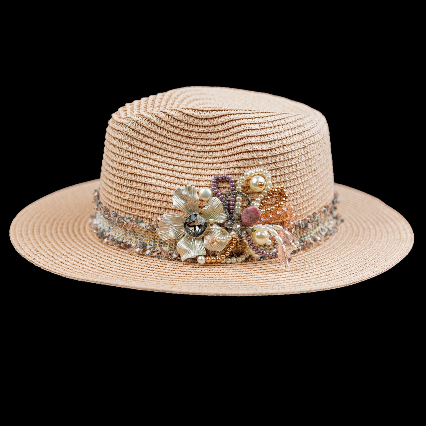 Pink Straw Fedora Hat Handmade Collection Flowers in a single copy