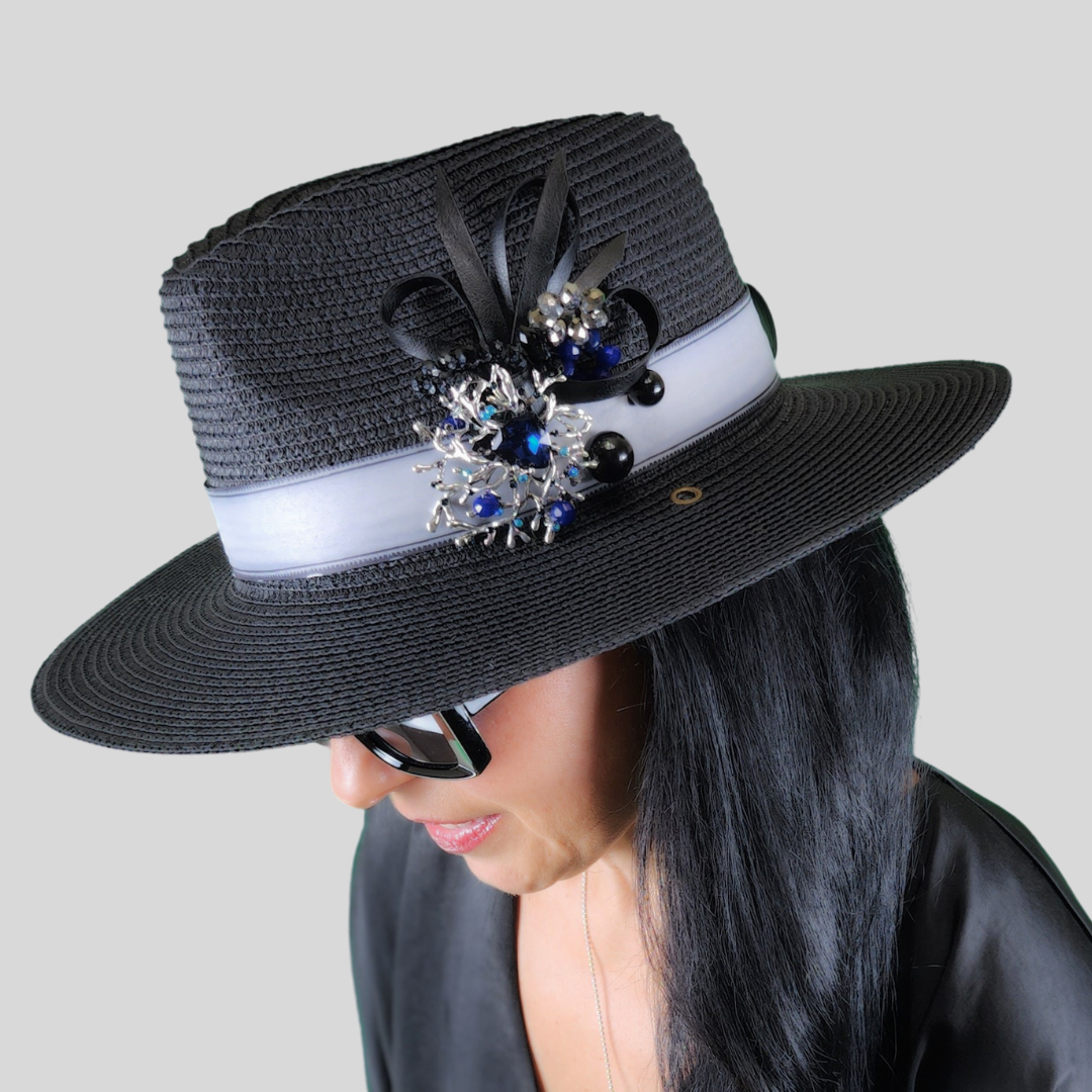 Black Straw Fedora Hat Handmade in a Contemporary Design