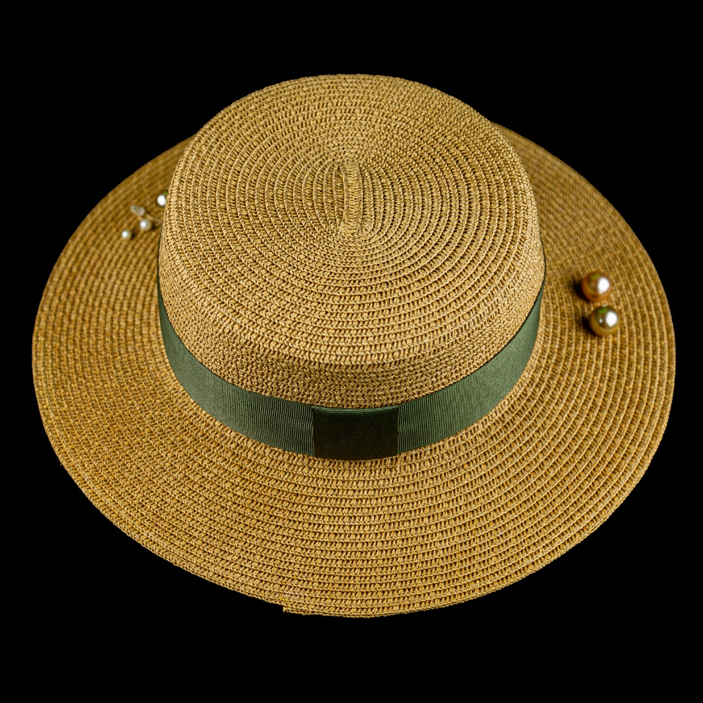 Khaki Straw Hat Handmade Canatier Collection Flowers in a single copy