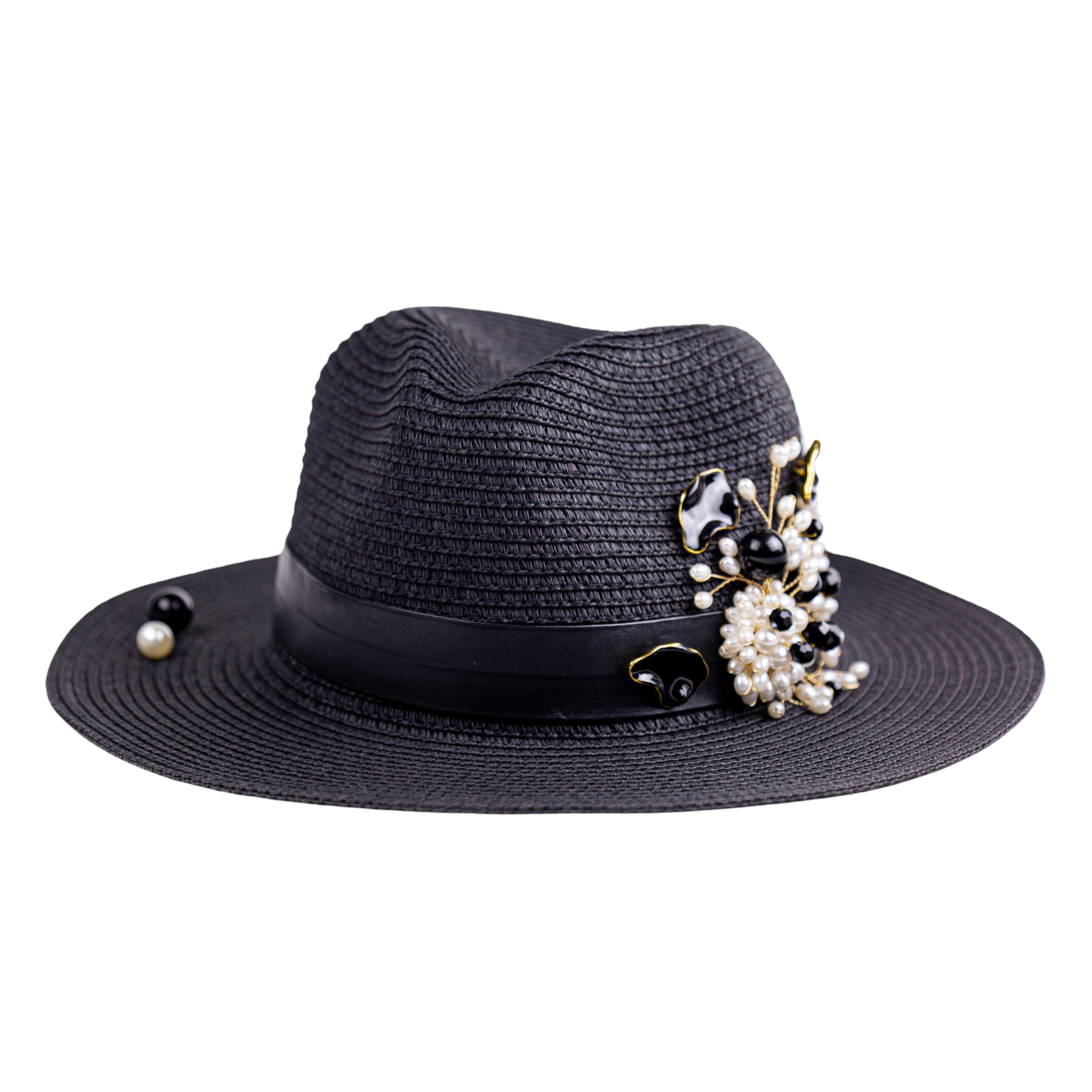 Black Straw Fedora Hat Handmade Collection Flowers in a single copy