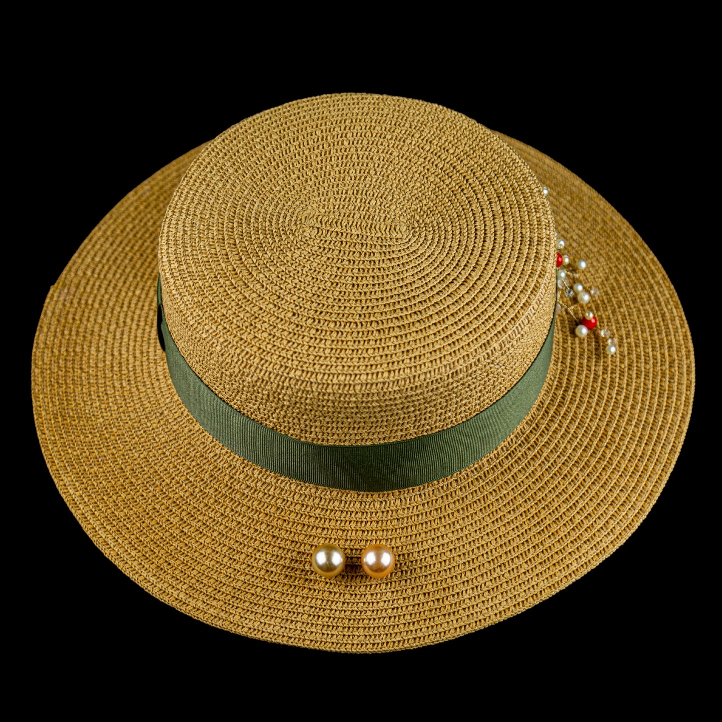 Khaki Straw Hat Handmade Canatier Collection Flowers in a single copy