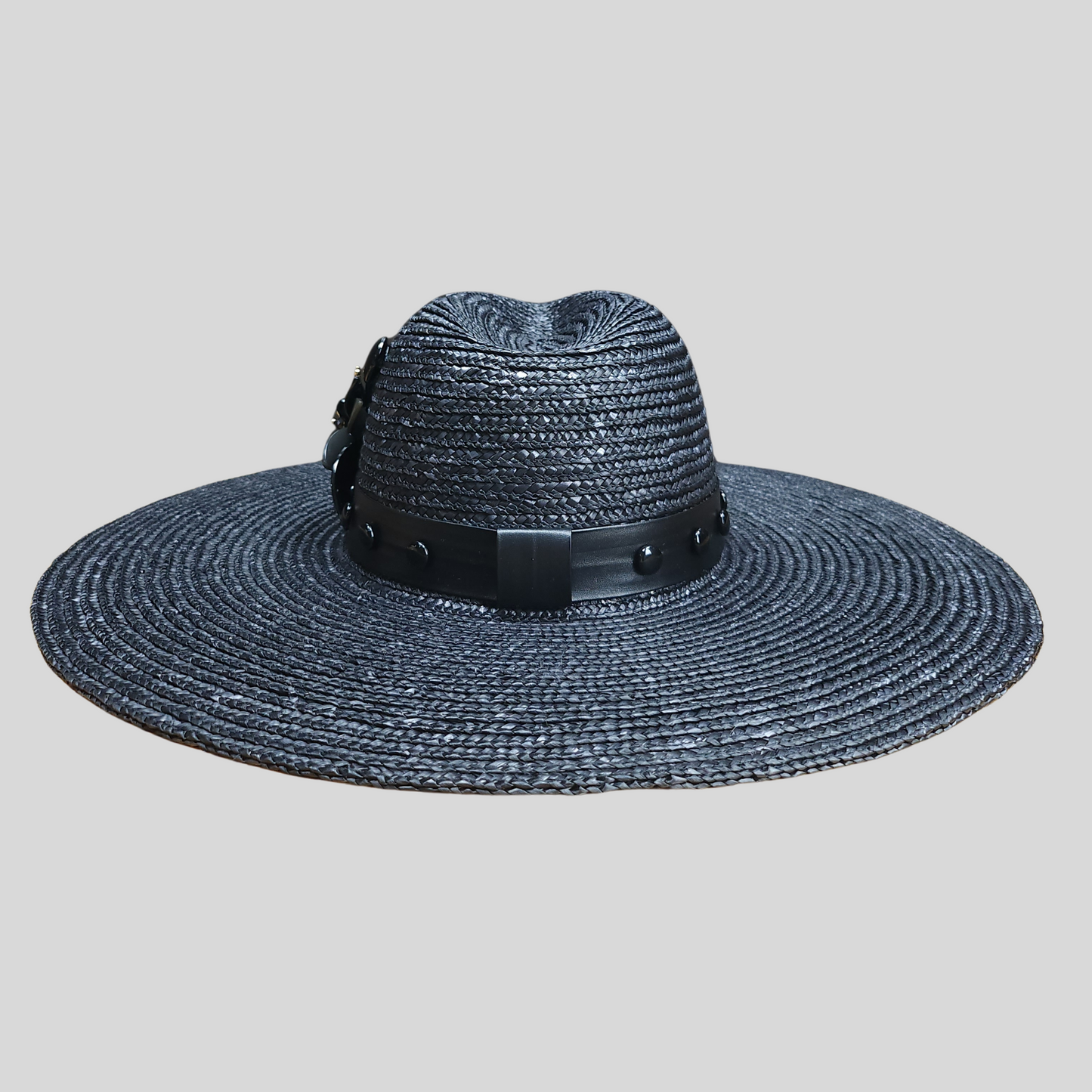 Luxurious Black Straw Fedora with Mother-of-Pearl Accent