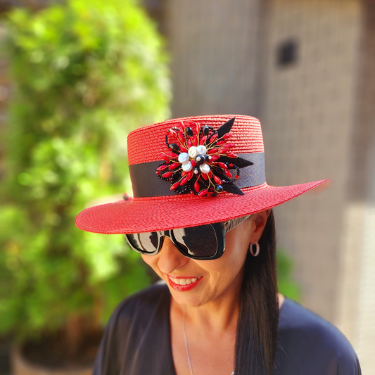 Red Straw Hat Handmade Canatier Collection Flowers in a single copy