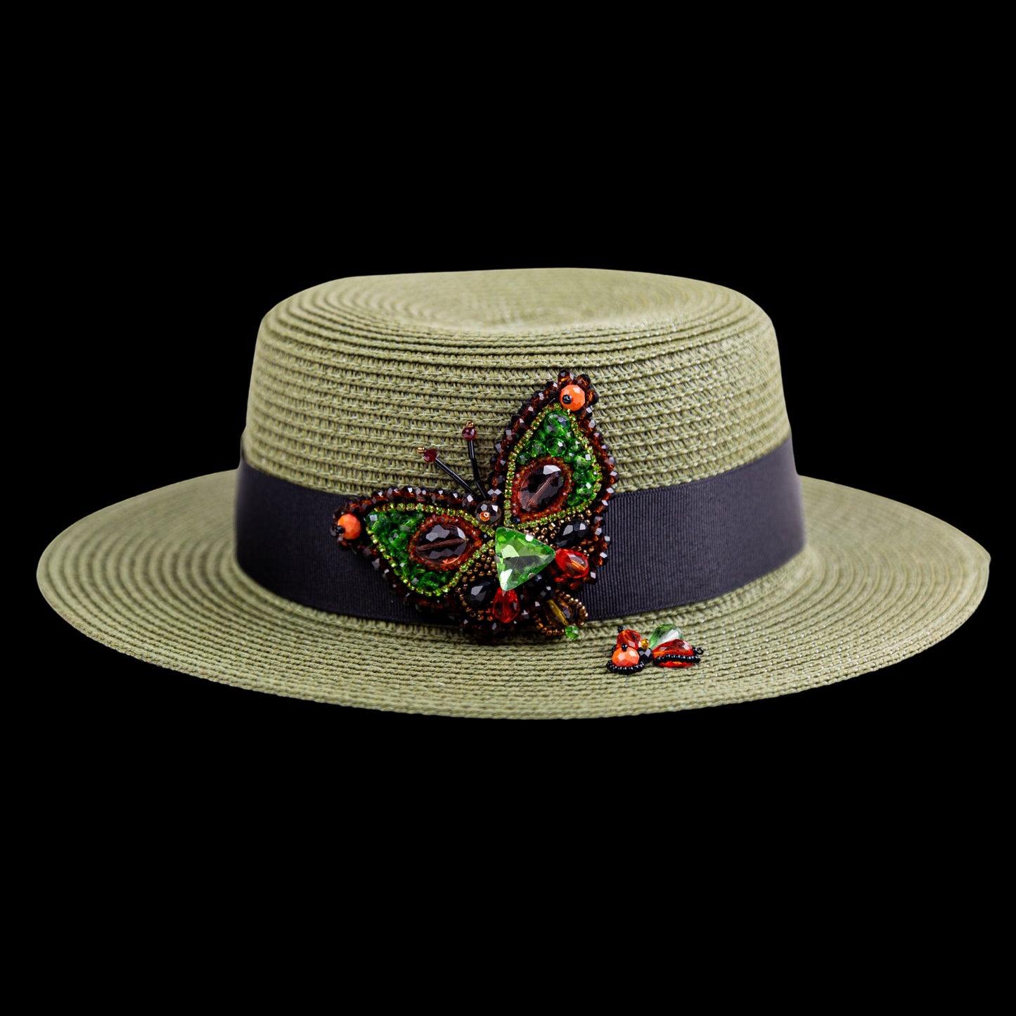 Green Straw Hat Handmade Canatier Collection Forwards in a single copy