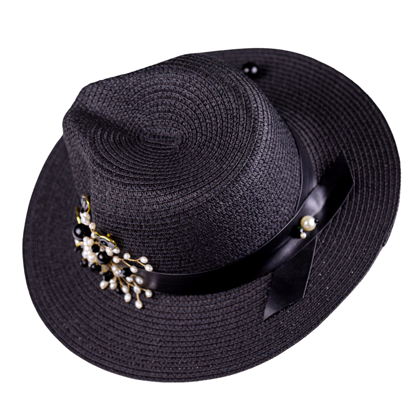 Black Straw Fedora Hat Handmade Collection Flowers in a single copy