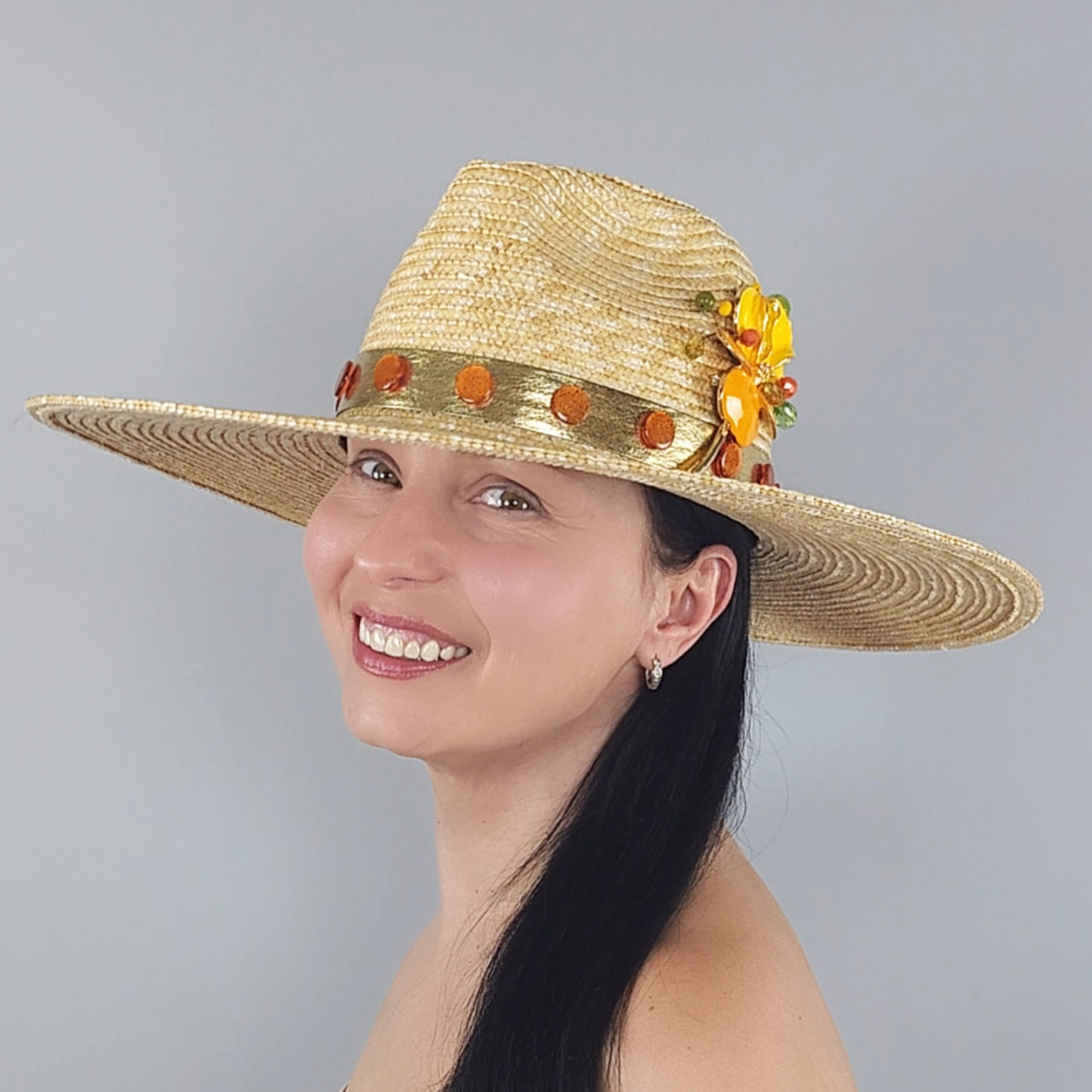 Luxurious Gold Straw Fedora Hat with Metal Flower Brooch