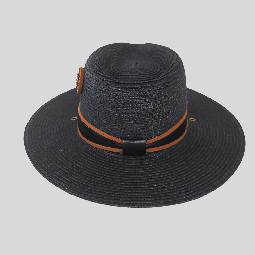 Black Straw Fedora Hat Handmade and Ring Decor Combination