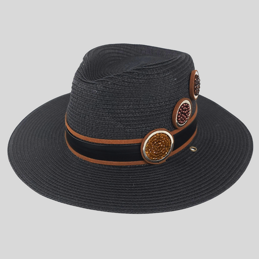 Black Straw Fedora Hat Handmade and Ring Decor Combination