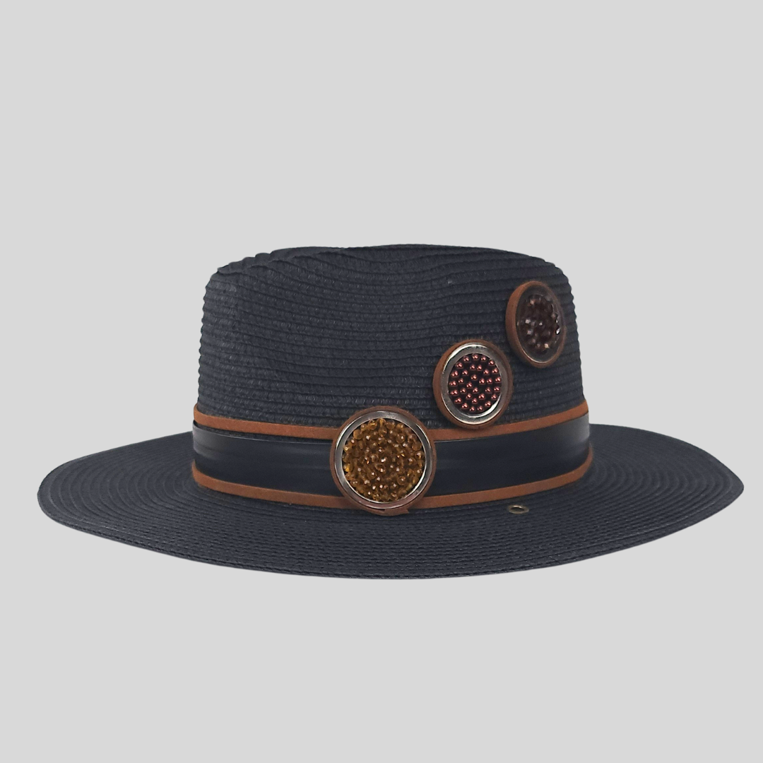 Black Straw Fedora Hat Handmade and Ring Decor Combination