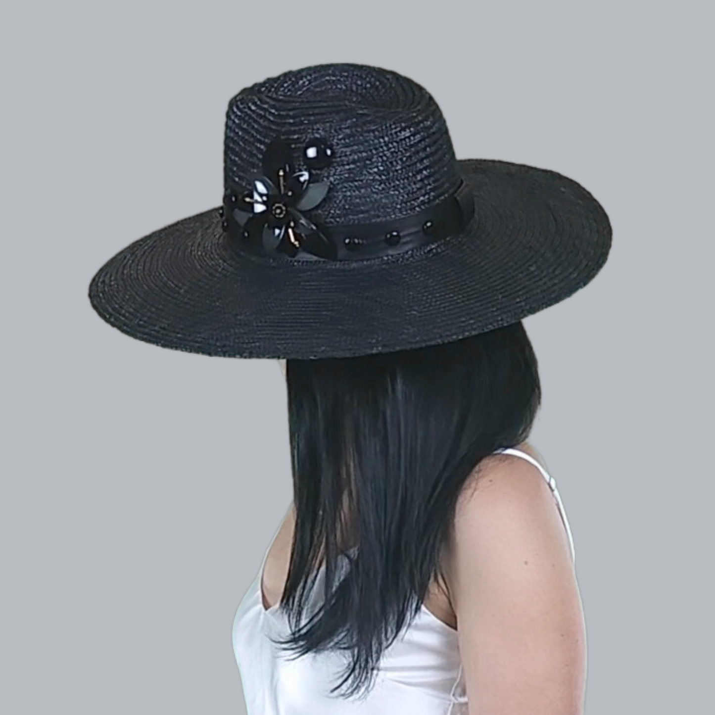 Luxurious Black Straw Fedora with Mother-of-Pearl Accent