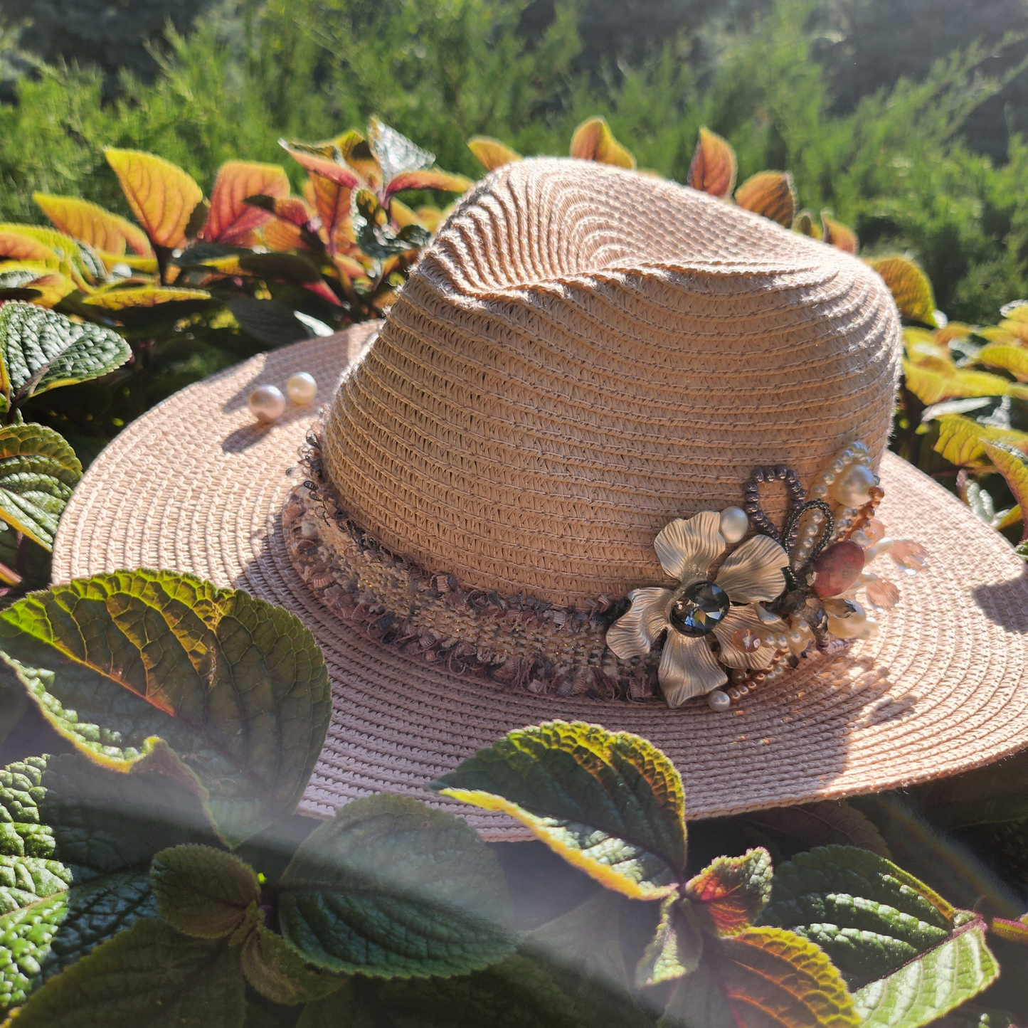 Pink Straw Fedora Hat Handmade Collection Flowers in a single copy