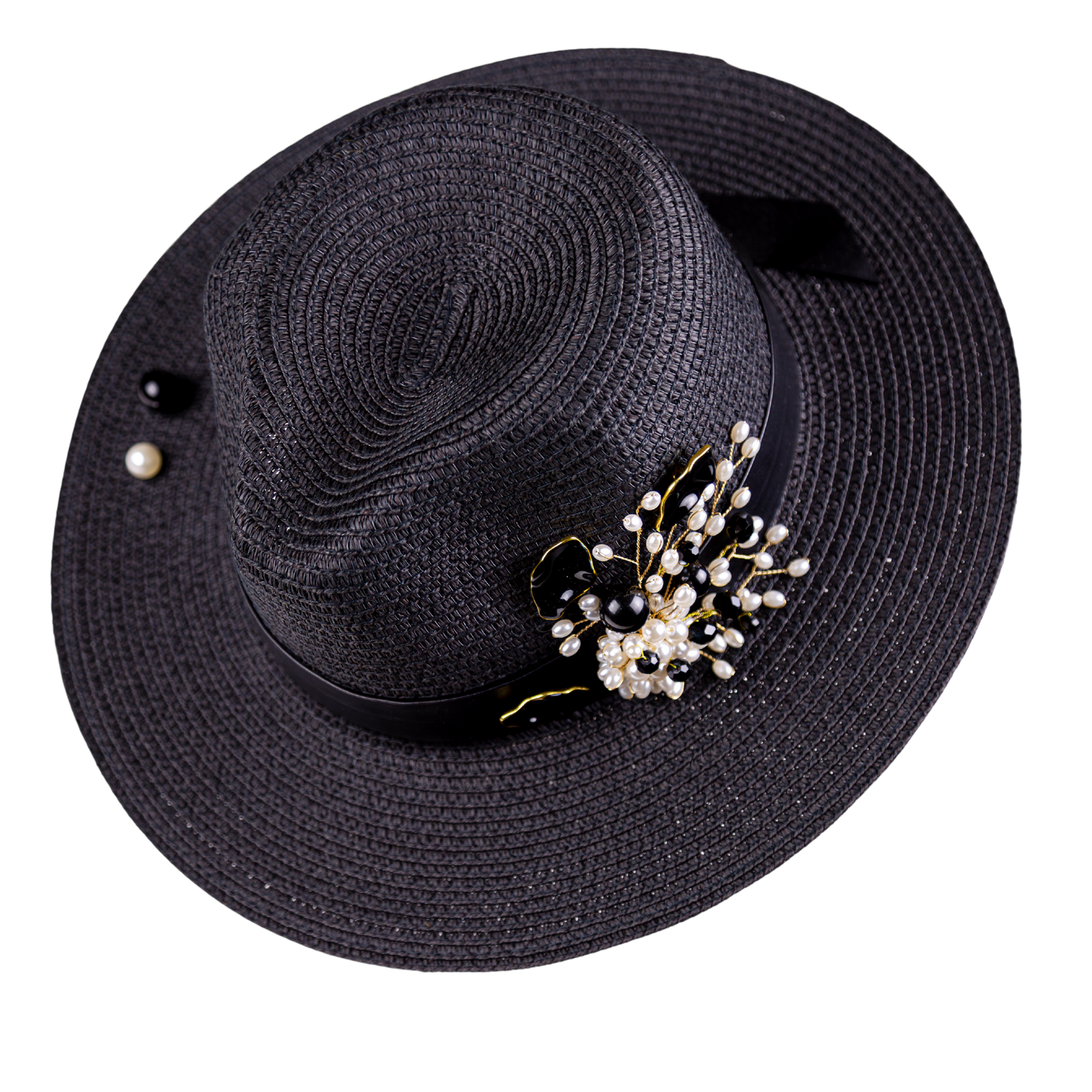 Black Straw Fedora Hat Handmade Collection Flowers in a single copy