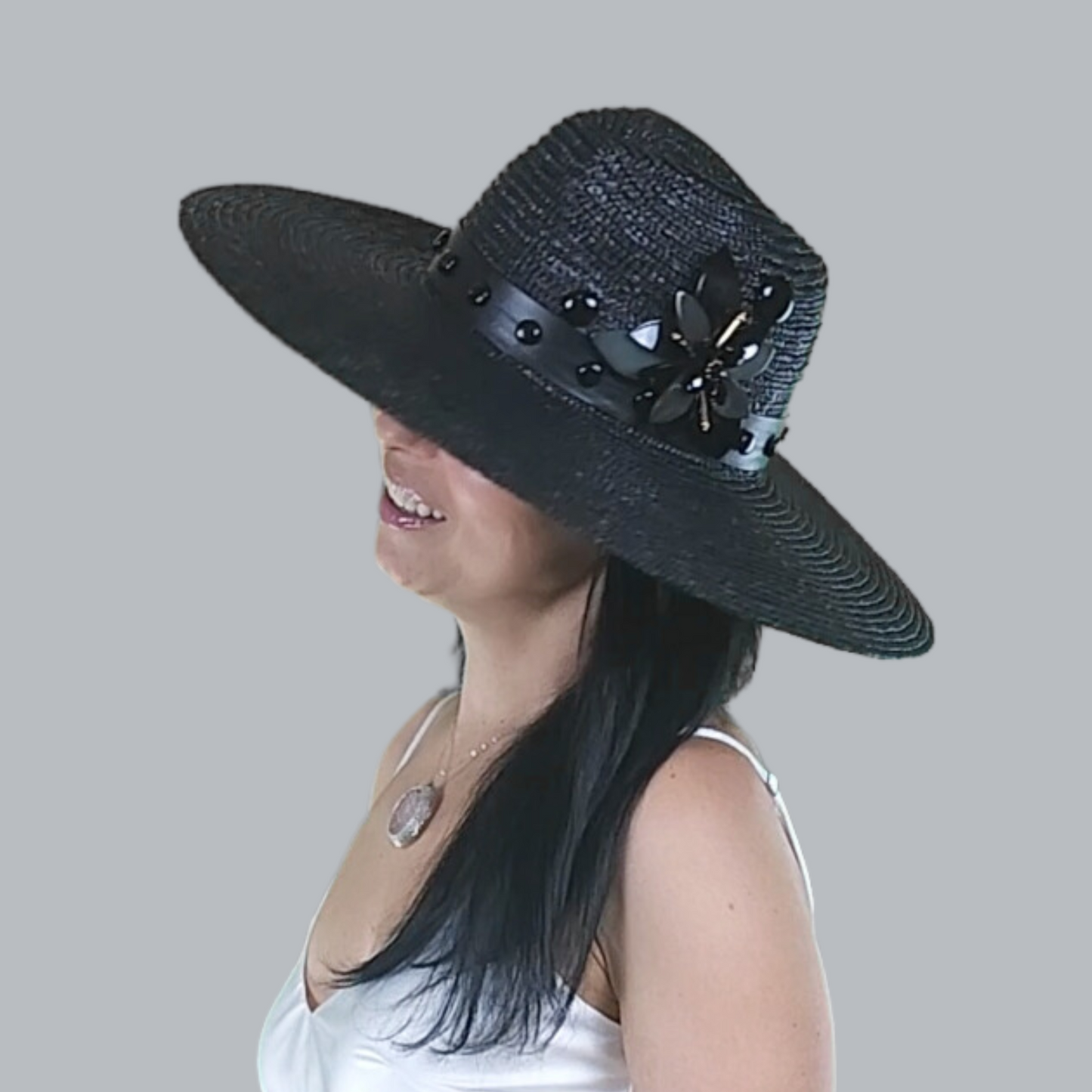 Luxurious Black Straw Fedora with Mother-of-Pearl Accent