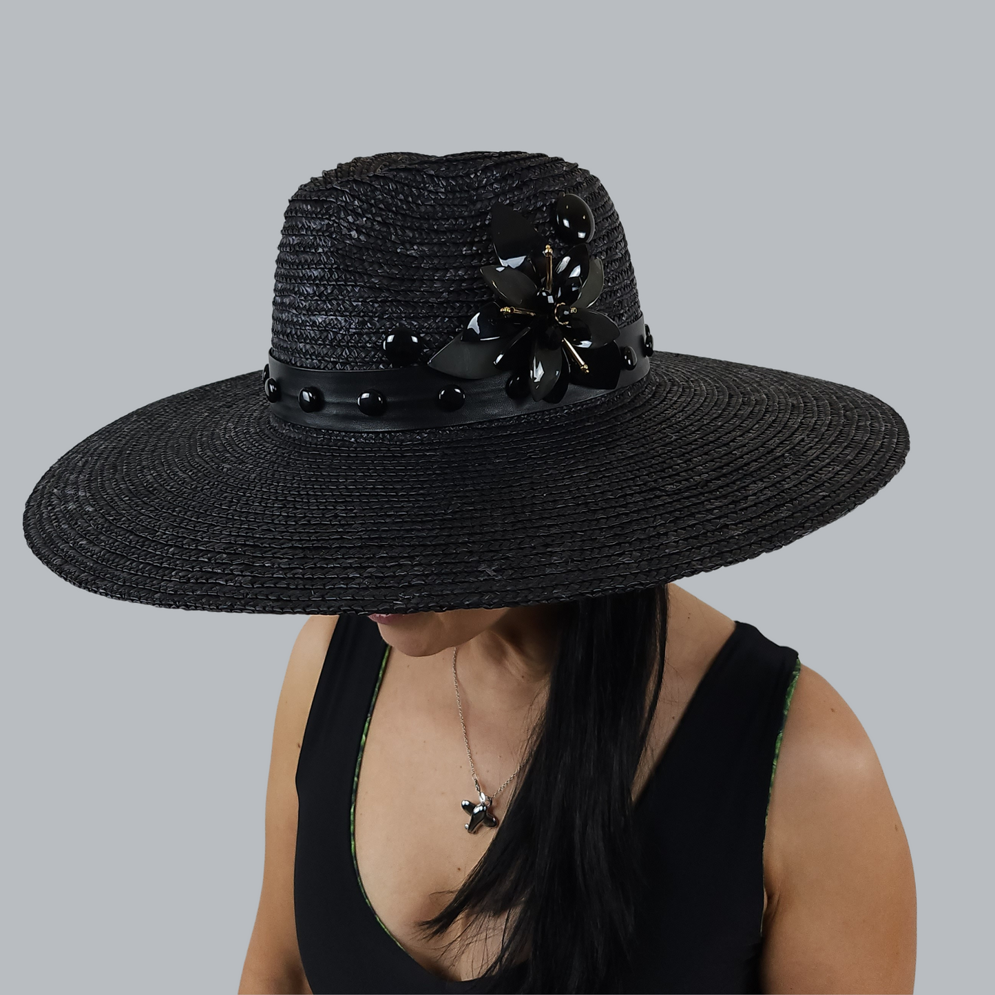 Luxurious Black Straw Fedora with Mother-of-Pearl Accent