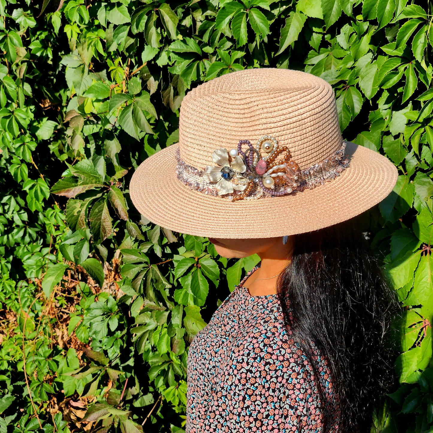 Pink Straw Fedora Hat Handmade Collection Flowers in a single copy