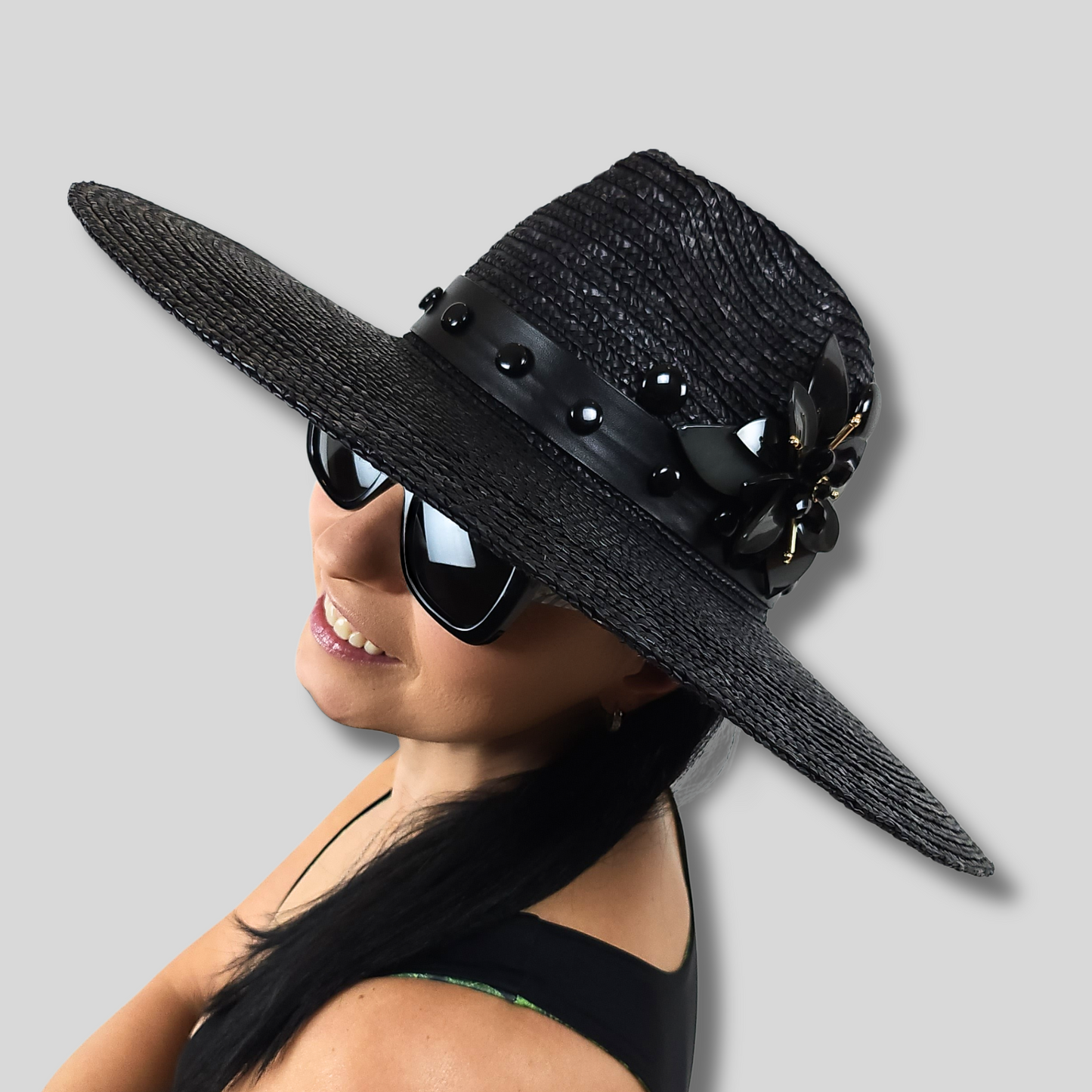 Luxurious Black Straw Fedora with Mother-of-Pearl Accent