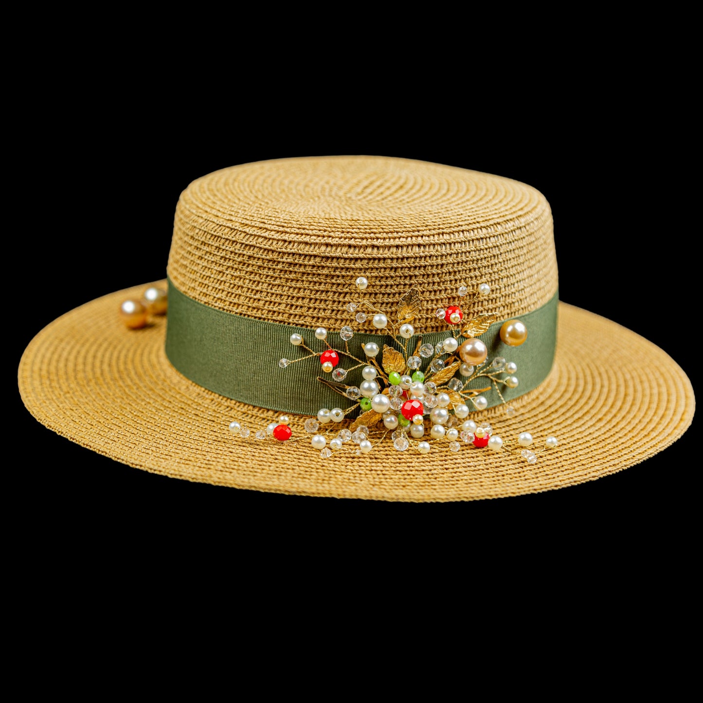 Khaki Straw Hat Handmade Canatier Collection Flowers in a single copy