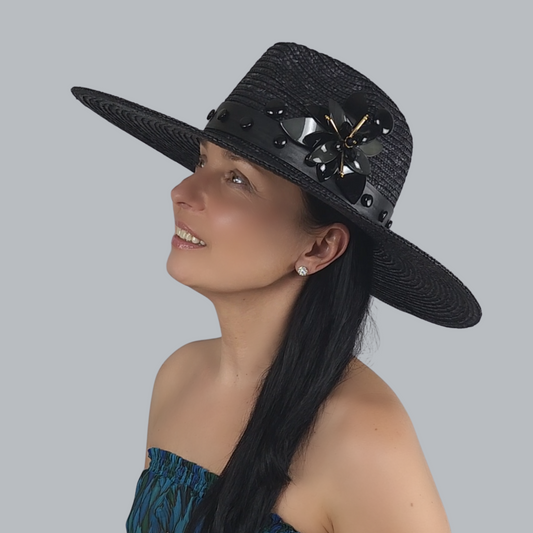 Luxurious Black Straw Fedora with Mother-of-Pearl Accent