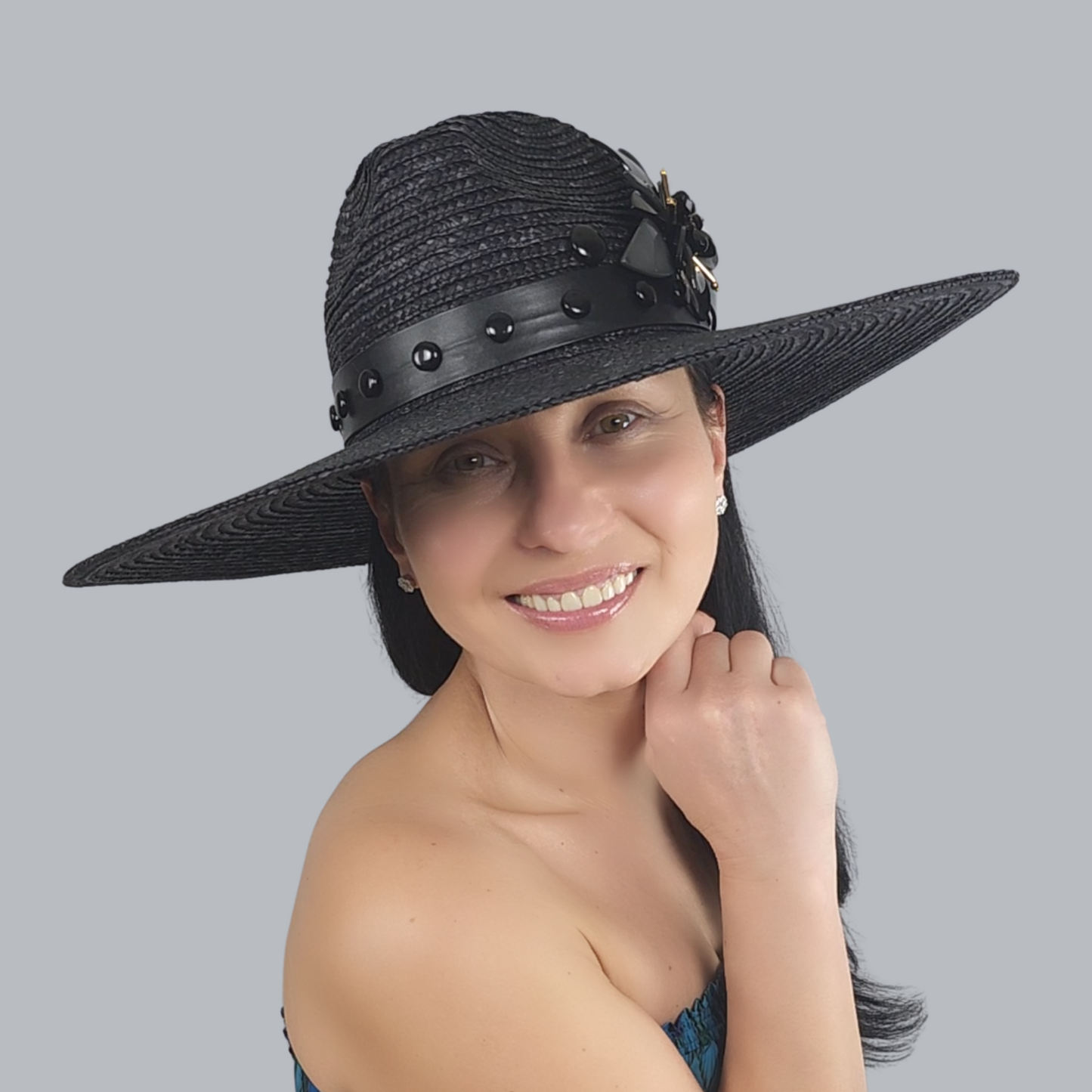 Luxurious Black Straw Fedora with Mother-of-Pearl Accent