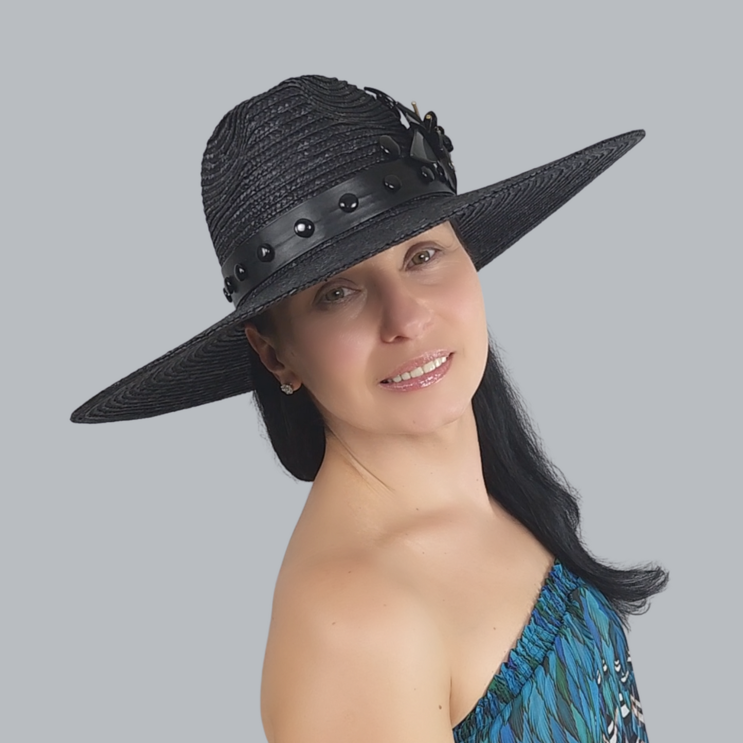 Luxurious Black Straw Fedora with Mother-of-Pearl Accent