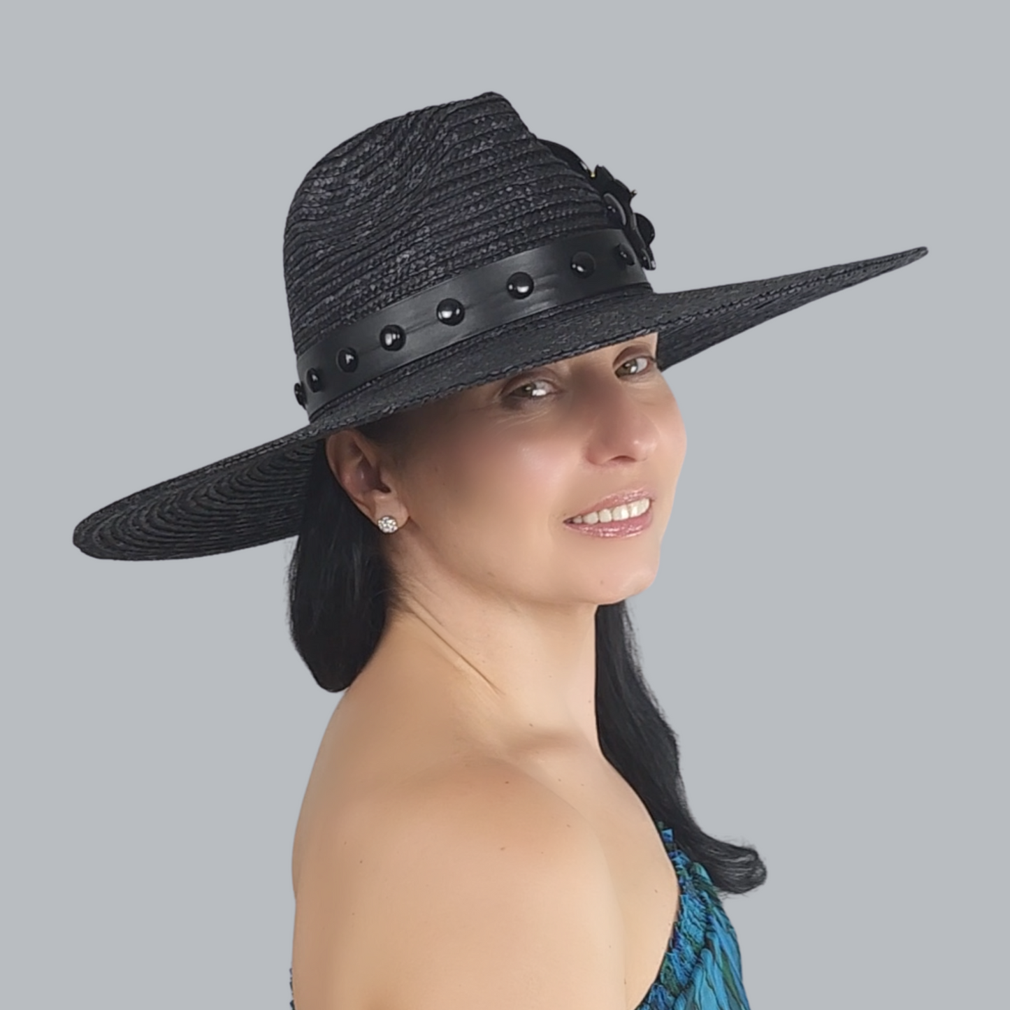 Luxurious Black Straw Fedora with Mother-of-Pearl Accent