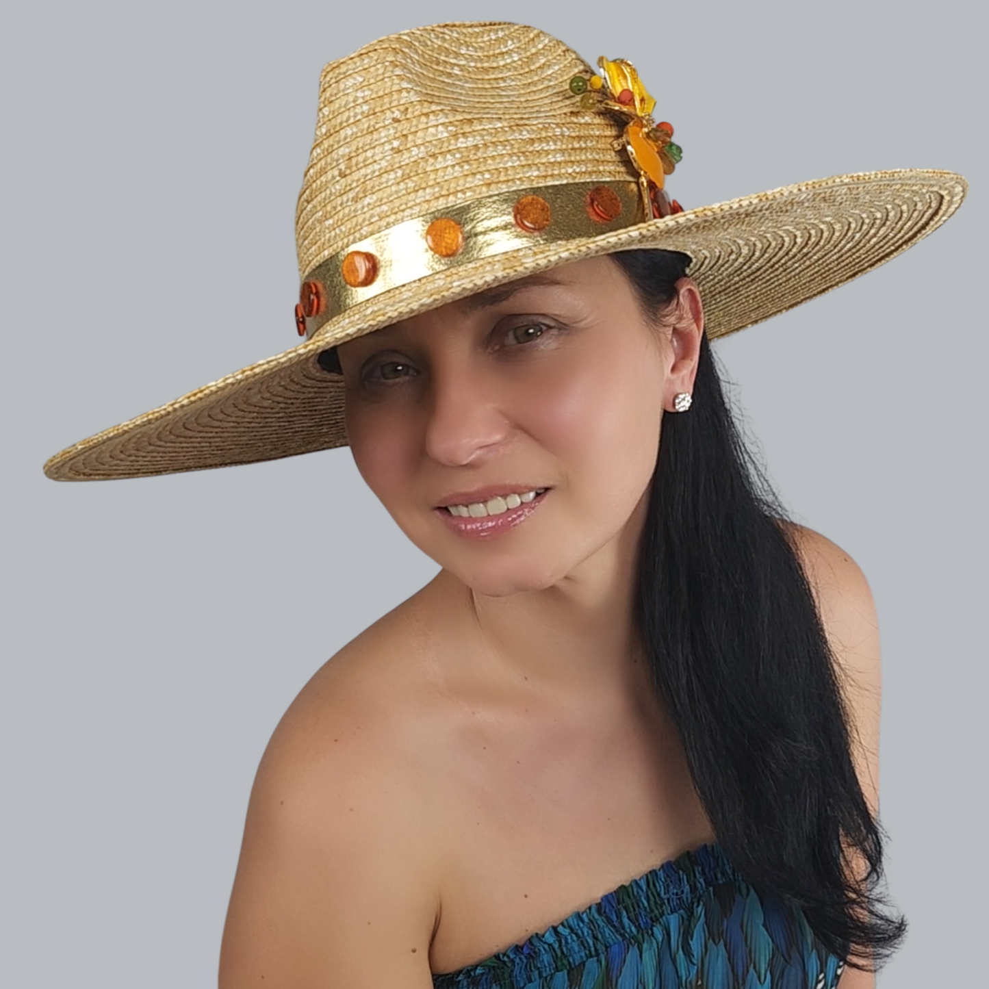 Luxurious Gold Straw Fedora Hat with Metal Flower Brooch