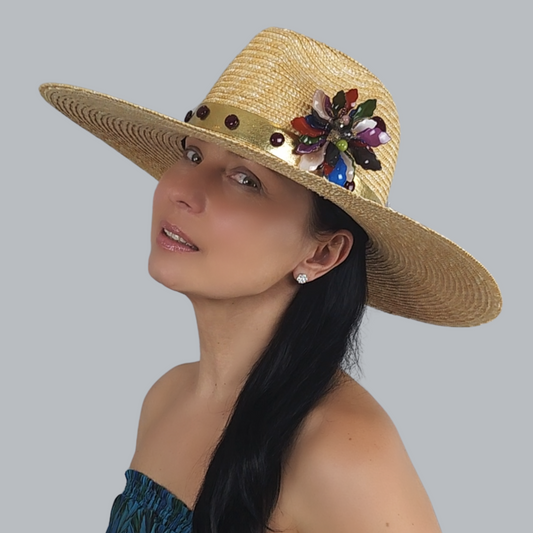 Luxurious Gold Straw Fedora Hat with Iridescent Flower