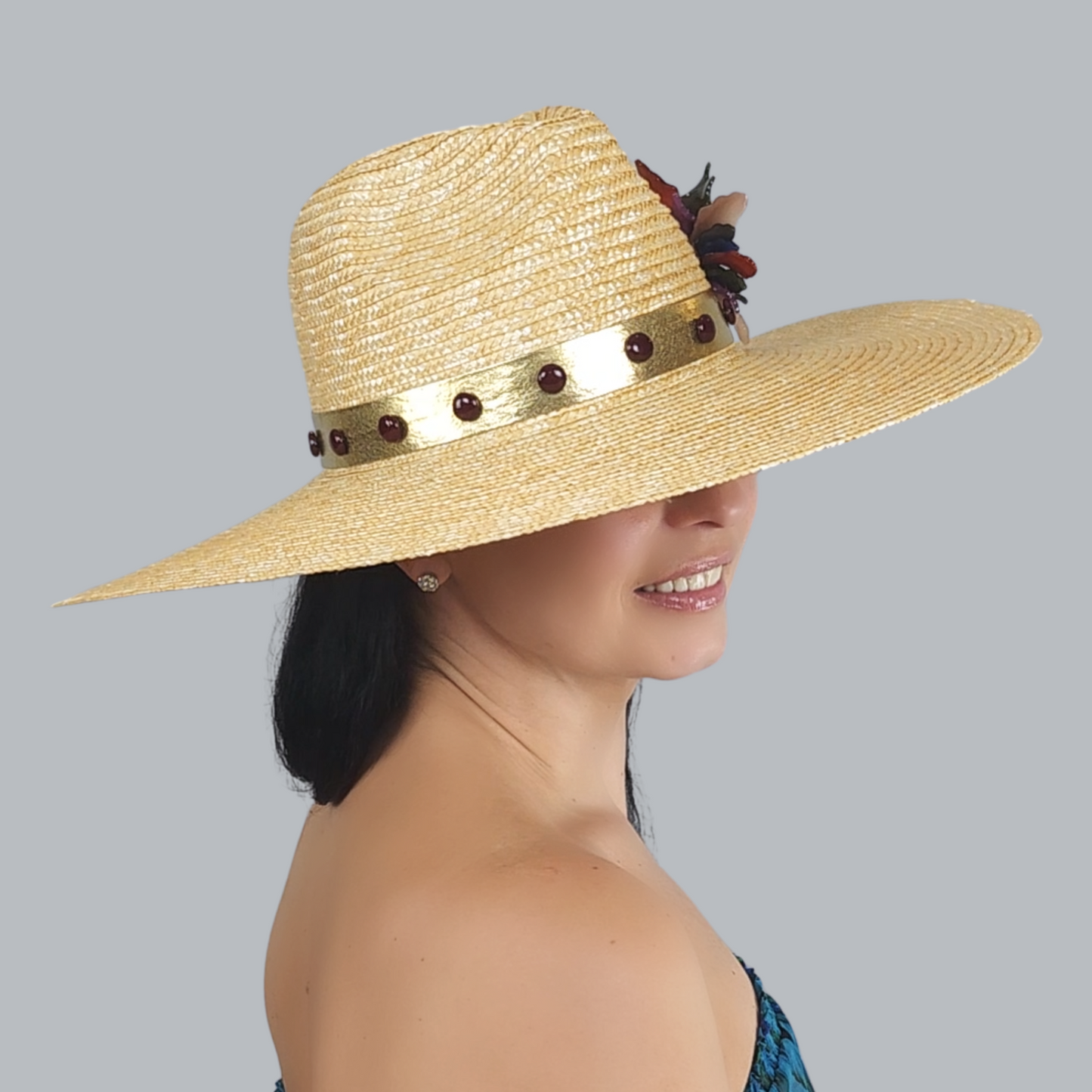 Luxurious Gold Straw Fedora Hat with Iridescent Flower