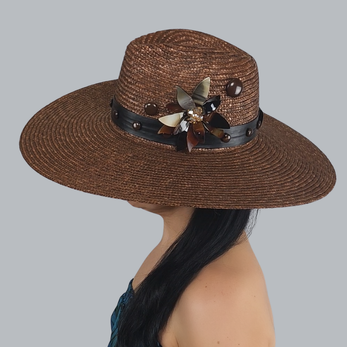 Luxurious Brown Straw Fedora with Mother-of-Pearl Accent