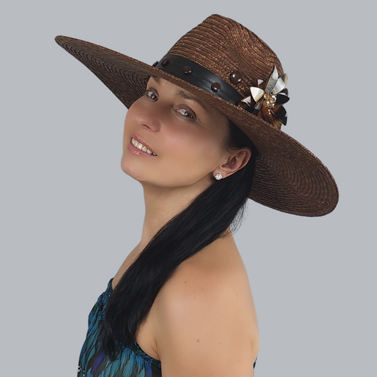 Luxurious Brown Straw Fedora with Mother-of-Pearl Accent