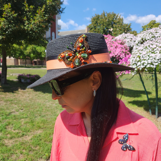 Black Straw Hat Handmade Canatier Collection Butterfly in a single copy